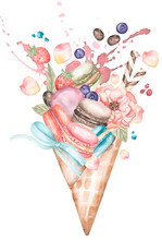 Watercolor  Ice Cream Cone With Mavcaron And Flower Peony, Rose, Sweets And Leaves, Delicious Franch Bakery, Summer Greeting Card. Waffle Cone With Flowers