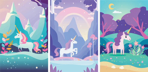 Wall Mural - Magical Vector Illustration of a Cute Unicorn Amidst a Stunning Nature Background, Featuring Lush Greenery, Trees, and Glittering Stars Perfect for Fantasy-Themed Designs, Children's Books, and Dream
