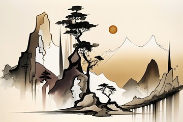 Wall Mural - Drawing of an abstract landscape in an oriental style. Ink wash painting as practiced in Japanese art. Historically, the minimalist art movement in Asia has its roots in Asian cultural traditions