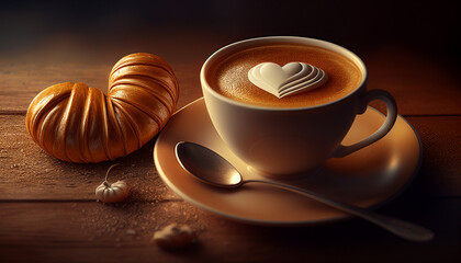 Wall Mural - cappuccino art in a cup with pastry croissant. AI generated