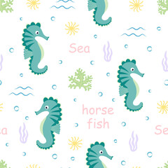 Wall Mural - cartoon flat seamless pattern with cute seahorse