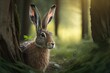 A wild hare sits in a forest. Photorealistic illustration generated by AI.