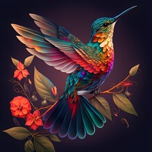 Flying Hummingbird, Bird Of Paradise Flower