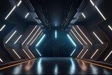 Fototapeta Przestrzenne - Sci fi futuristic studio stage dark room in space station with glowing neon lights background

