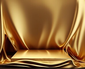 Golden luxurious fabric or cloth placed on a top pedestal or blank podium shelf on a gold background with the luxury concept. Museum or gallery backdrops for products. 3D rendering. Generative AI.