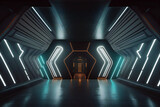 Fototapeta Przestrzenne - Sci fi futuristic studio stage dark room in space station with glowing neon lights background
