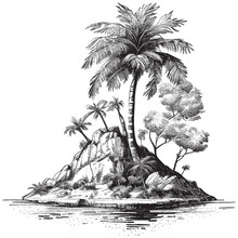 Hand Drawn Engraving Pen And Ink Palm Tree On An Island Vintage Vector Illustration