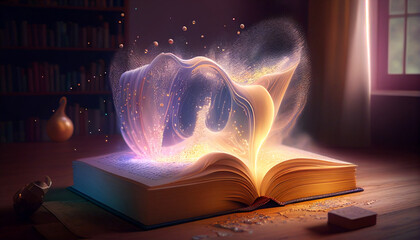 literary world: magic book on the table, the magic of words