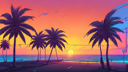 Wall Mural - palm trees at sunset - synthwave style