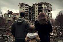 A Family Of People Man Woman And Children Stand On The Street And Look At The Ruined House After The Earthquake, The Loss Of The House, The Destroyed City After The Bomb Hit. Generative AI