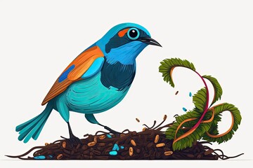 Sticker - Standing on a limb covered in moss, a blue winged pitta (Pitta moluccensis) holds an earthworm to give to its young. A Pitta with a meal on its blue wings. Generative AI