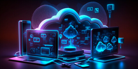 Cloud storage communication with computer. Hosting and data processing. Virtual development environment of programming software mobile, desktop computer platforms. Monitoring, testing. Generative AI