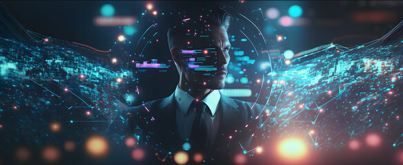 Wall Mural - Businessman and digital world  robot technology. Business finance investment with big data technology concept cyber space digital world metaverse background