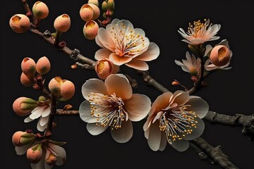 Generative ai of apricot flowers over a dark background. spring romantic concept