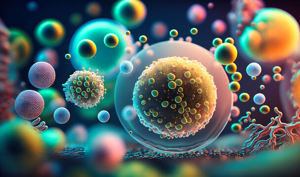 an abstract background with a macro shot of various microbes including virus cells and bacteria