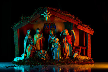 Nativity of Jesus. Biblical Mary holding baby Jesus. Christmas theme.