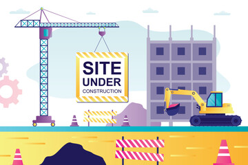 Crane holds placard - site under construction. Error 404, page not found, website on reconstruction. Process of building multi-storey building. Development, industrial machines.