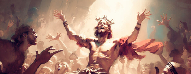 Jesus Christ bleeding with crown of thorns on his head during his crucifixion. Religious spiritual illustration capturing the essence of Christian spirituality, faith, and devotion. Generative AI.