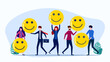People holding smiley face icons. Concept of people who are optimistic and live happily. business sponsorship vector
