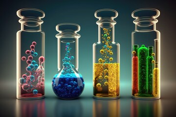 Chemical and pharmaceutical glass vials and vials of medicine. Perspectives on the development of chemistry and pharmacy throughout time. Synthetic chemicals like sulfamerazine, arsenic trioxide, quin