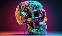 Generative AI Illustration Of A Creative Background Of Colorful Human Skull Wearing Headphones