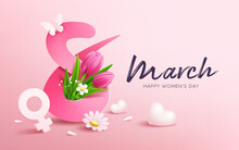 8 March Happy Women's Day With Tulip Flowers And Butterfly, Heart, Banner Concept Design On Pink Background, EPS10 Vector Illustration.
