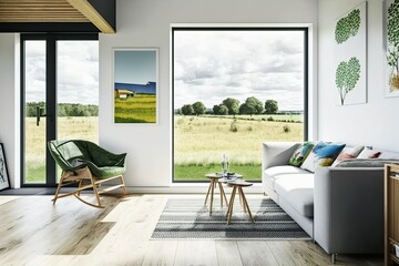 Canvas Print - Sofa, armchair, coffee table on carpet, decorative shelf, and hardwood flooring create a bright and relaxed space. View of the countryside through a large picture window. Generative AI