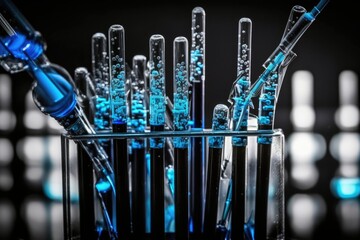 Wall Mural - multiple pipettes fill test tubes with a blue liquid as scientists conduct experiments and analyze d