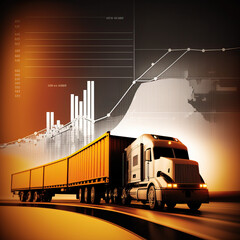 The truck on the background of graphs and analytics data represents a transportation company or logistics provider that transports goods