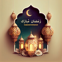 Wall Mural - 3d modern Islamic holiday banner, suitable for Ramadan, Raya Hari, Eid al Adha and Mawlid. A lit up lantern and crescent moon decor on serene evening background. Generating Ai.