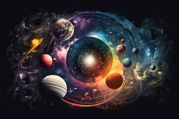 Wall Mural - Stars and planets in a galaxy, graphic. Literally, a different dimension. Generative AI