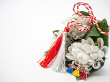 Bouquet Of Snowdrops And Red White Strings And Tricolor Brooch On White Background, 1st Of March Holiday, Martisor