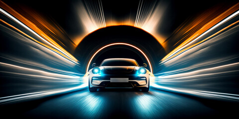 Wall Mural - a modern car speeding through a tunnel with neon glowing motion blur lights. generative ai