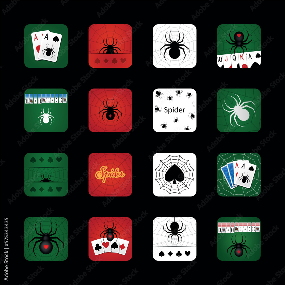Spider solitaire card game icons. Game icons pack. Vector set of signs ...