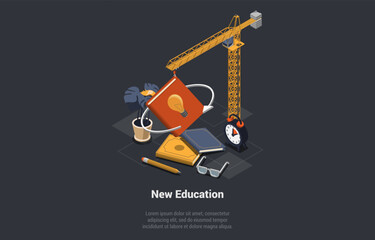 Wall Mural - Distance Online E-Learning And New Education. Tower Crane With Book For Learning. Creativity to Create New Idea, Imagination or Invention, Inspiration or Genius Idea. Isometric 3d Vector Illustration