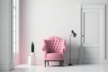 Sticker - A pink armchair in a white room with no other furniture. Generative AI