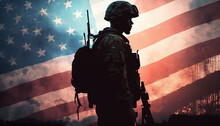 US Army Soldier Silhouettes Against The American Flag, Memorial Day Generative Ai