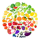 Fototapeta Pokój dzieciecy - A large mega set of vegetables and fruits in a juicy cartoon style. The concept of healthy food and products. A bright element for your design.