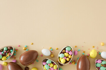 Wall Mural - Sweets Easter concept. Flat lat photo of chocolate eggs dragees sprinkles on isolated beige background with empty space