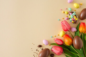 Wall Mural - Easter concept. Top view photo of chocolate eggs dragees sprinkles and tulips flowers on beige background with copyspace. Easter sweets idea