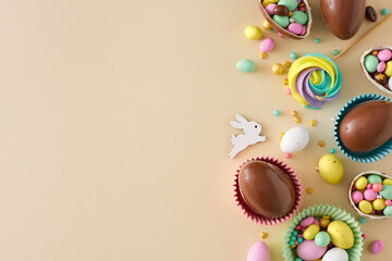 Wall Mural - Easter decor concept. Flat lay photo of chocolate eggs with dragees sprinkles meringue lollipops and cute rabbit on isolated beige background with copy space. Easter sweets idea