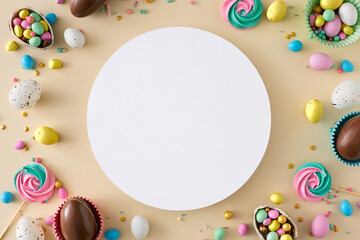 Wall Mural - Easter concept. Top view photo of chocolate easter eggs dragees sprinkles and meringue lollipops on isolated beige background with white circle in the middle