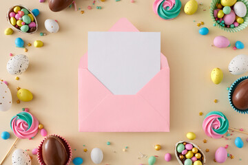 Wall Mural - Easter concept. Top view composition of open envelope with card chocolate eggs dragees sprinkles and easter candy on beige background. Easter sweets idea