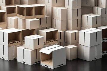 Sticker - Lots of cardboard boxes and packaged goods line the shelves of a retail warehouse. Product Storage, Handling, and Distribution Center. Generative AI