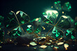 St. Patrick Day abstract green background with diamonds, gold and clover leaves. Generative ai