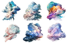 Six Different Clouds In Beautiful Dramatic Colors In Watercolor On A Transparent Background, Generative AI