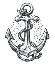 Nautical ship anchor with a rope. Sea adventure, cruise concept. Vintage sketch vector illustration