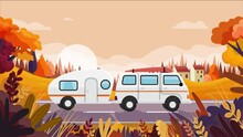 Go To Road Trip Video Concept. Banner With Trailer Or Van Driving Down Country Road. Travel And Tourism. Journey Or Vacation In Nature. Autumn Landscape With Motorhome. Flat Graphic Animated Cartoon