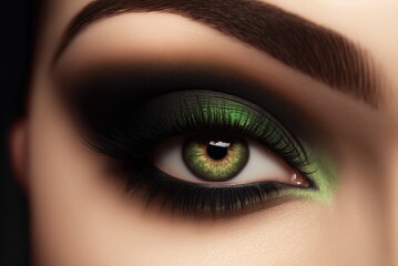 Close up of beautiful woman with green eyeshadow. Ai generative.