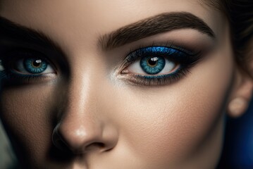 Close up of beautiful woman blue eye make up. Ai generative.